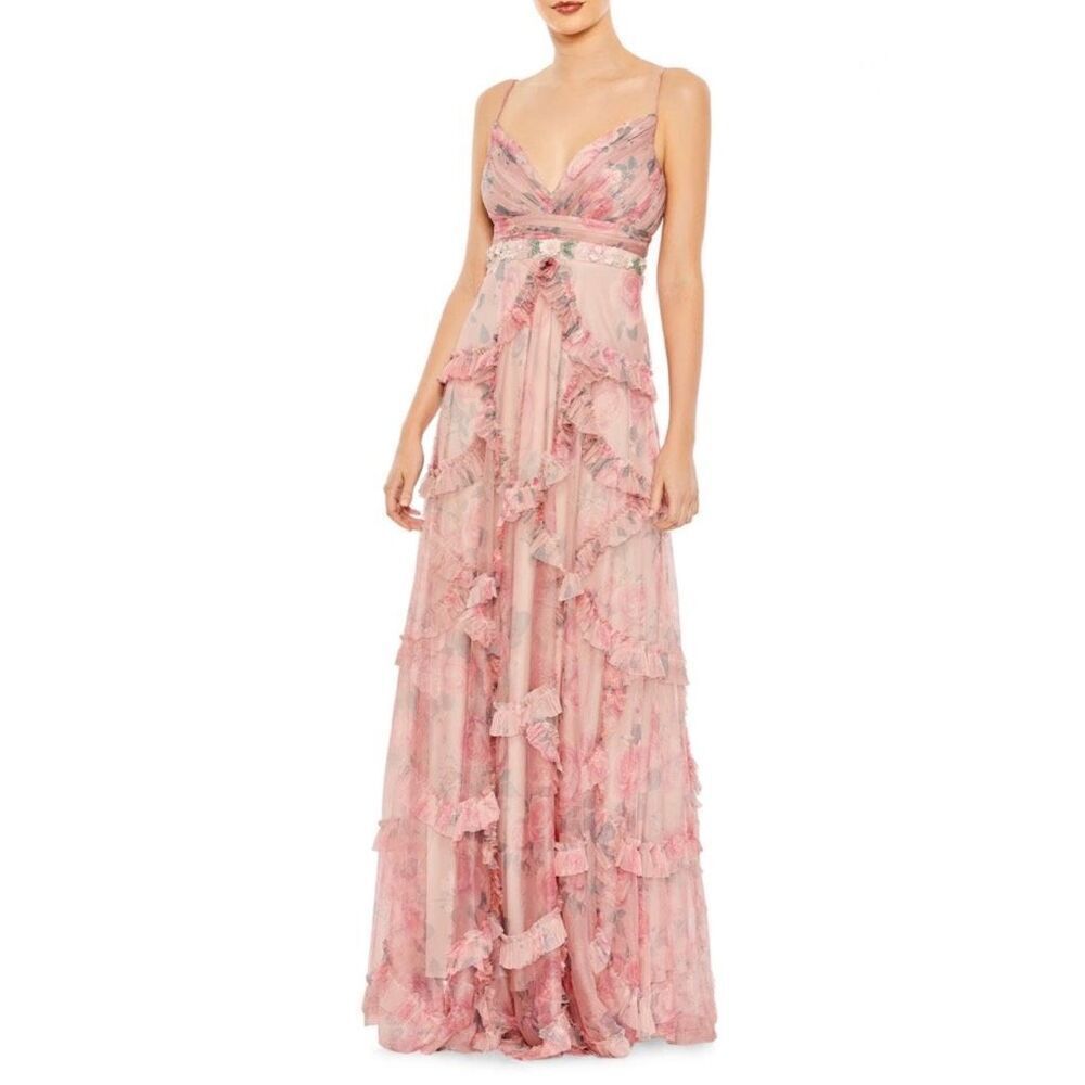 Mac Duggal 9173 Pink Floral Chiffon Bridesmaid Ruffle Gown Size 20 Plus Prom NWT